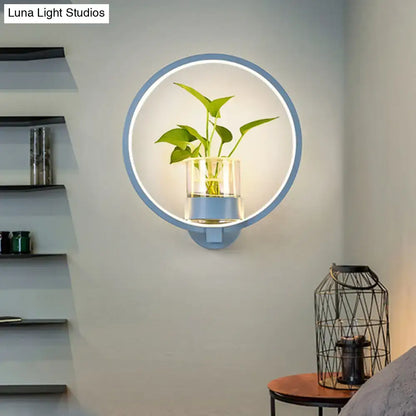 Modern silver wall light with blue circular plant pot and integrated led ring for 110v-120v bedroom use