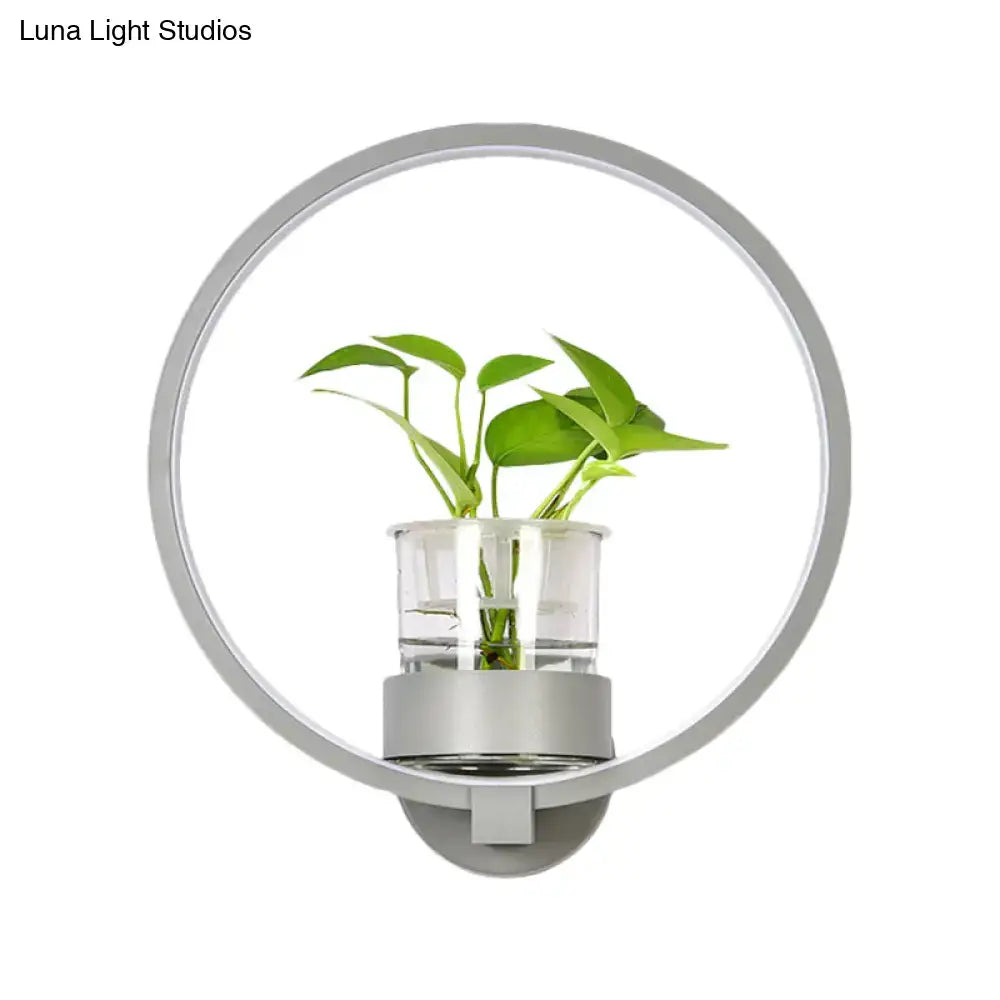 Modern silver wall light with sleek metallic frame and clear glass plant pot housing green leaves 110v-120v bedroom sconce