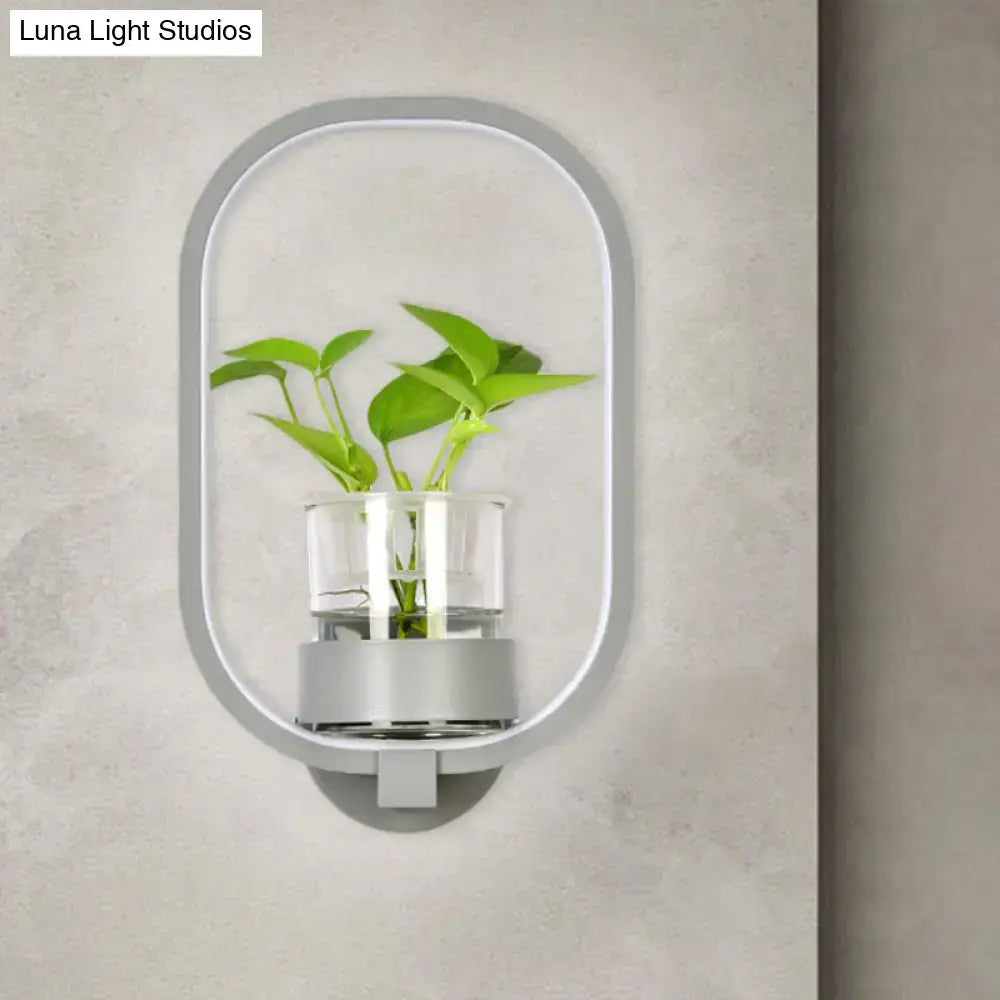 Modern silver wall light with gray oval plant pot and clear glass container holding vibrant green plant 110v-120v