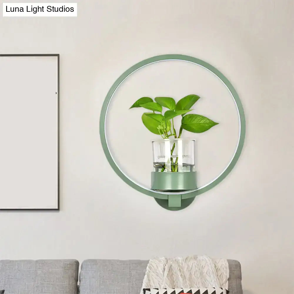 A modern silver wall light 110v-120v with mint green circular plant pot and clear glass vase holding green leaves