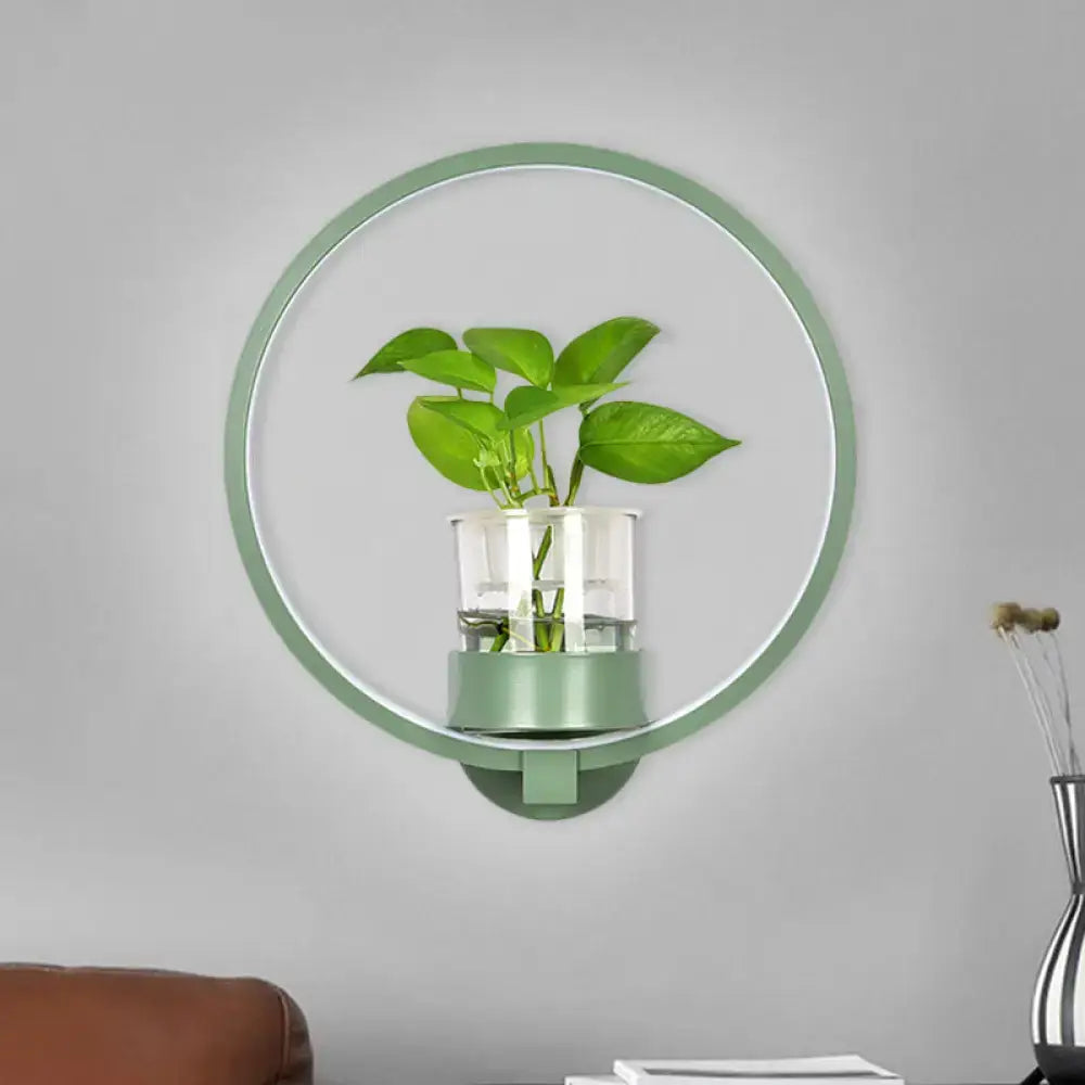 Modern silver wall light with mint-green circular plant pot and clear glass vase holding vibrant green leaves 110v-120v