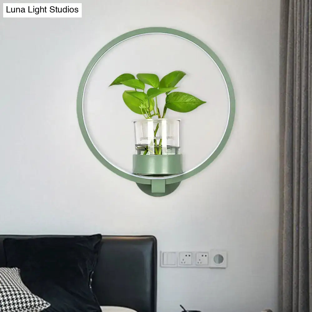 Modern silver wall light with mint-green circular plant pot and clear glass vase holding vibrant green leaves 110v-120v