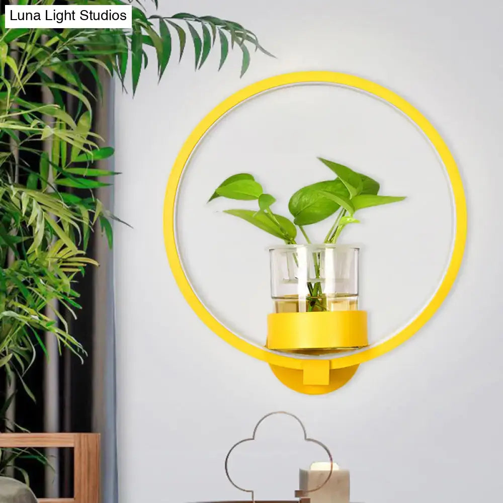 Yellow circular wall light with clear glass plant pot and green leafy plant for bedroom 110v-120v led sconce