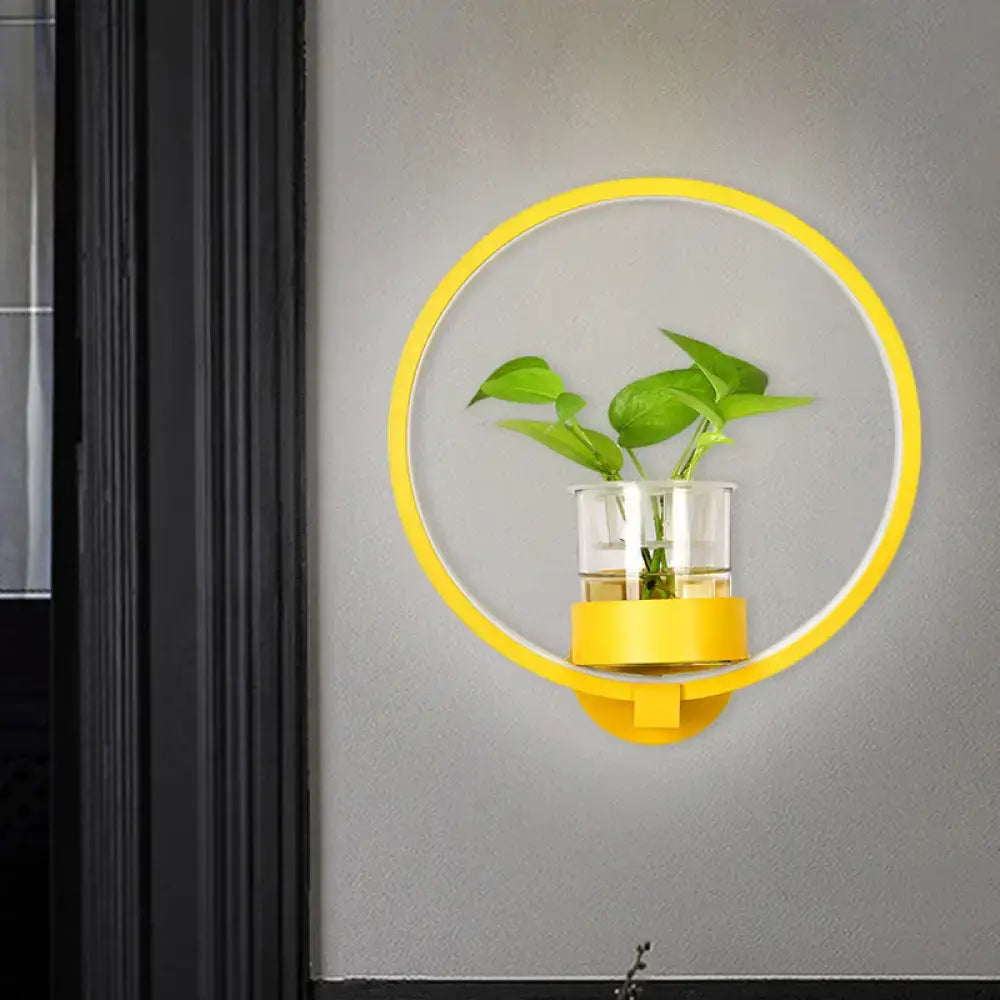 Yellow circular wall light with silver plant pot and clear glass container holding a green leafy plant 110v-120v