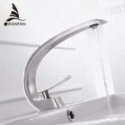 Modern silver decorbites basin faucet with a sleek curved design single-handle tap featuring a waterfall spout