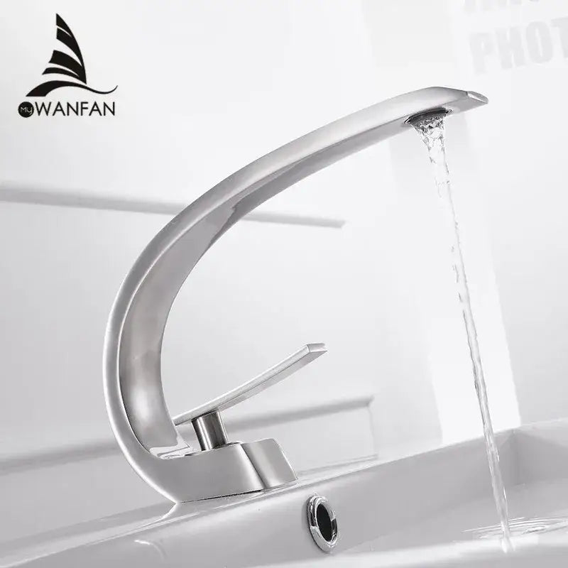 Modern silver decorbites basin faucet with a sleek curved design single-handle tap featuring a waterfall spout
