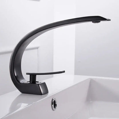Modern silver waterfall decorbites basin faucet with black matte finish and sleek curved design for bathroom use