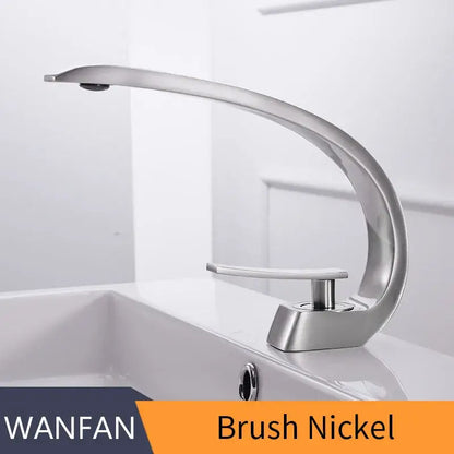 Modern silver waterfall decorbites basin faucet with brushed nickel finish and sleek curved design for bathroom use