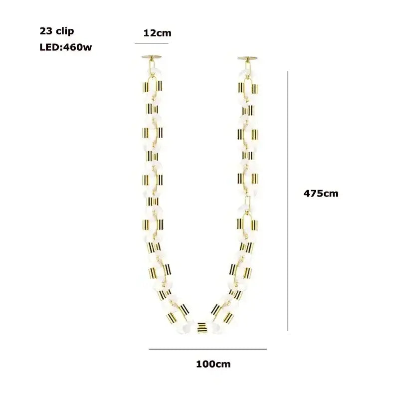 Modern silver and white crystal gold chain chandelier features a 475cm led garland with translucent white and gold beads