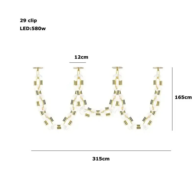 Modern silver and white crystal gold chain chandelier with 29 gold-toned clips and clear beads in a w-shape decorbites crystal gold