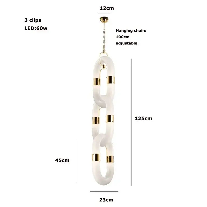 Modern silver and white crystal gold chain chandelier featuring a sleek acrylic chain with gold chain chandelier accents
