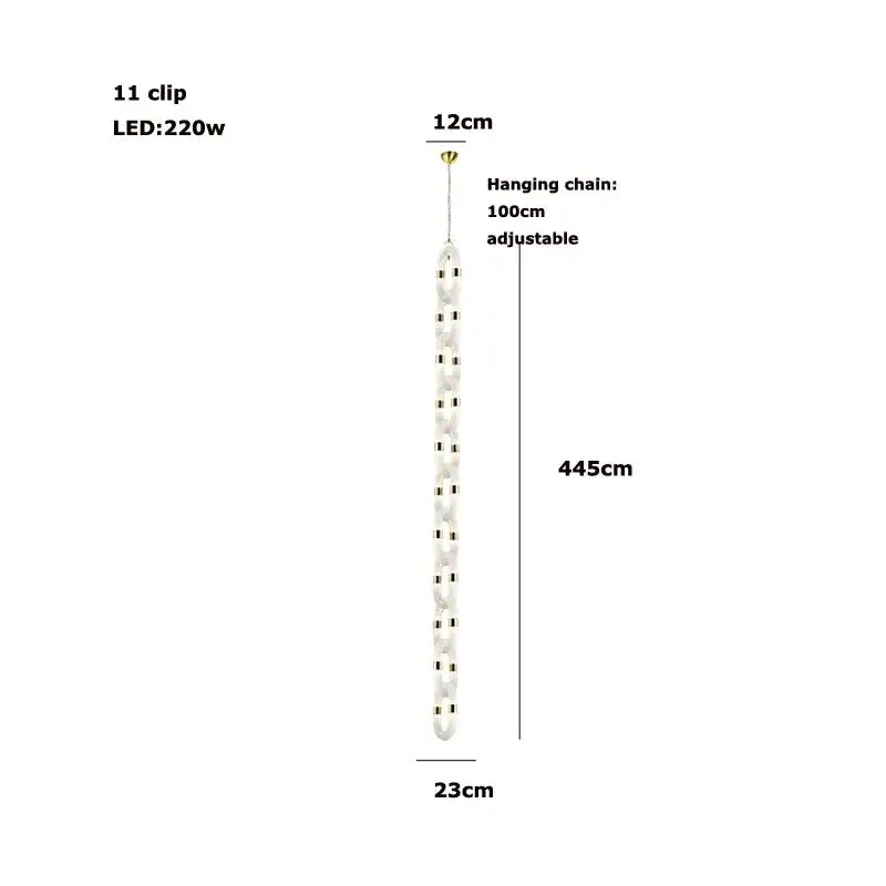 Modern silver and white crystal gold chain chandelier featuring 11 white led clips with adjustable hanging length up to 445cm