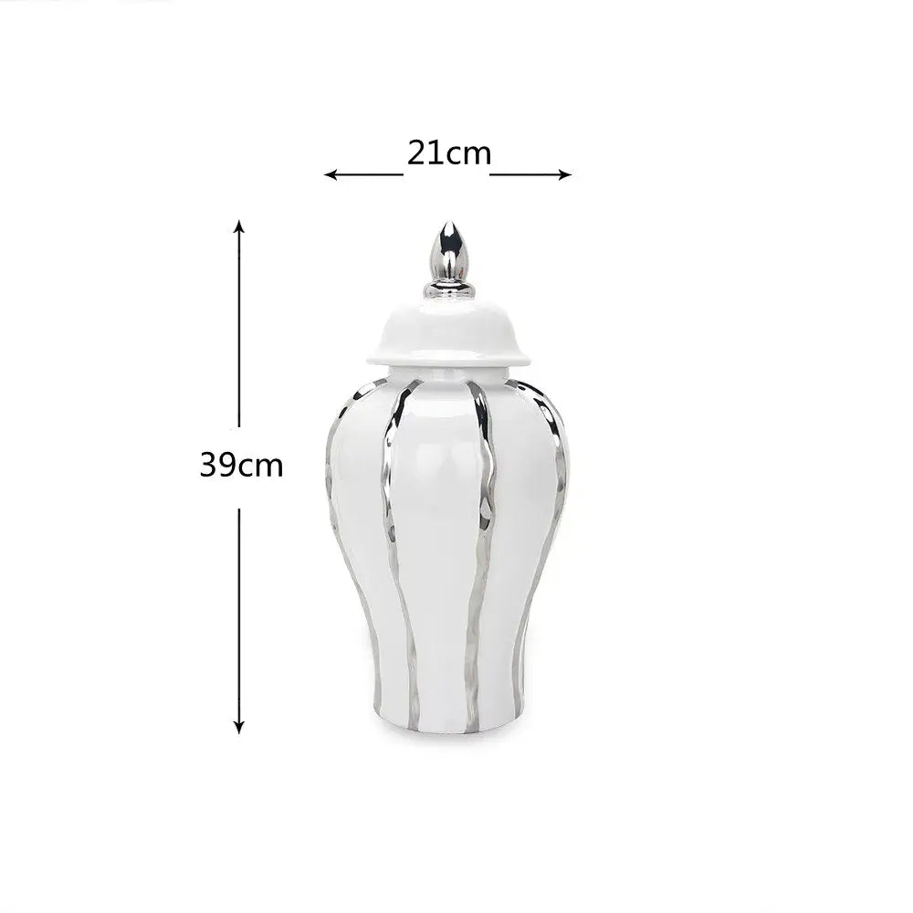 Modern silver and white striped porcelain ginger pot vase with silver metallic stripes and matching lid 39cm tall