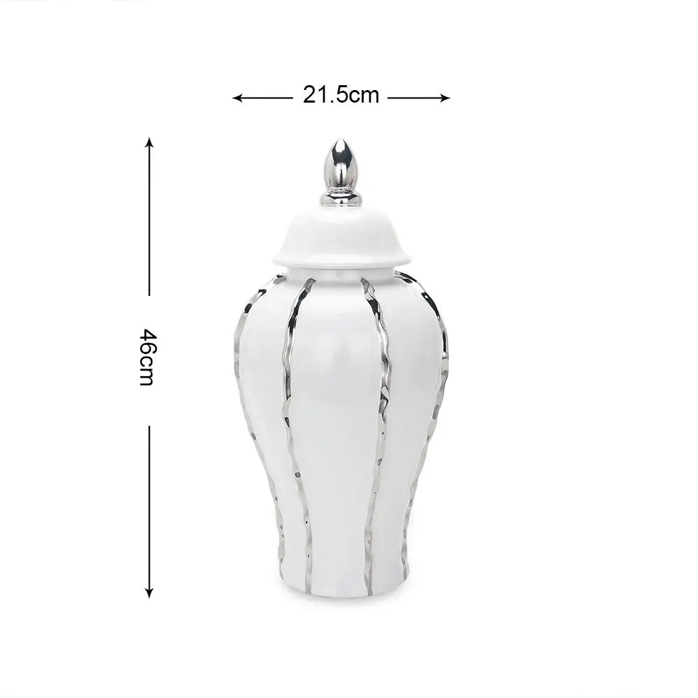 Modern silver and white striped porcelain ginger pot vase with silver-toned vertical stripes and metallic finial lid