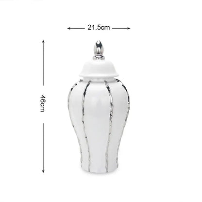 Modern silver and white striped porcelain ginger pot vase with silver-toned vertical stripes and metallic finial lid