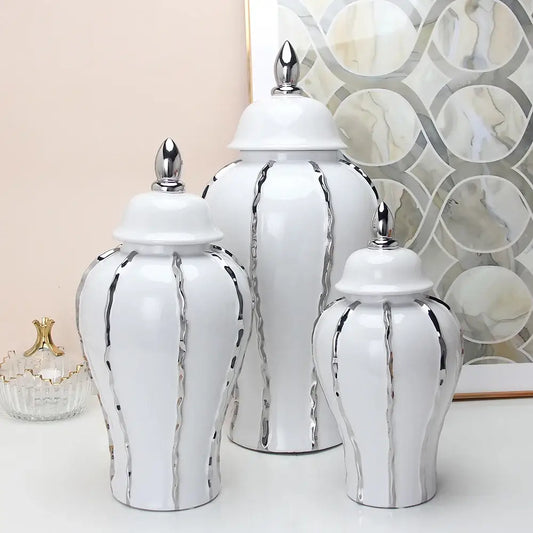Modern silver and white striped porcelain ginger pot vase set of three with matching lids for living room decor