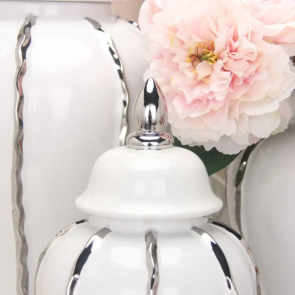 Modern silver and white striped porcelain ginger pot vase set featuring a white ceramic ginger pot with silver accents and chrome lid