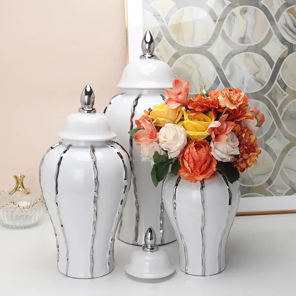 Modern white ceramic ginger pot vase set with silver metallic stripes and lids for living room decor