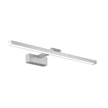 Modern silver wood grain metal linear vanity mirror light with sleek rectangular design and minimalist brushed finish