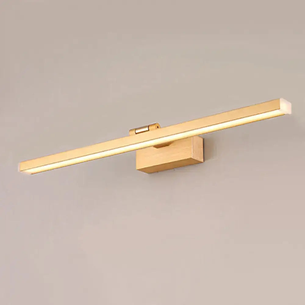 Gold-finished rectangular led wall sconce with minimalist design and wooden base for modern metal linear vanity mirror light