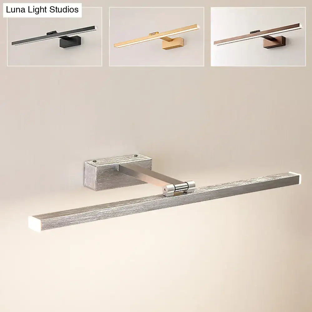 Modern silver wood grain metal linear vanity mirror light fixture with minimalist design for bathroom use