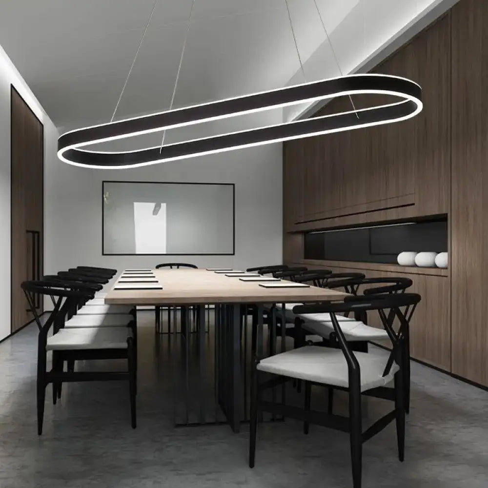 Modern simplicity ellipse led island pendant ceiling light with black and white double-ring design above conference table