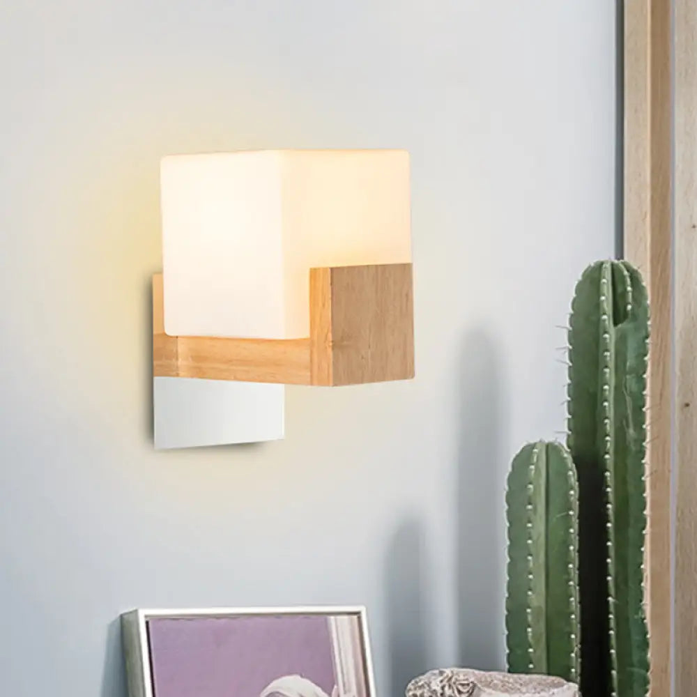 DecorBites™ DecorBites™ Modern Single Cube Bedside Wall Sconce Lamp with White Glass Shade and Wooden Backplate - Stylish Wall Lighting Fixture