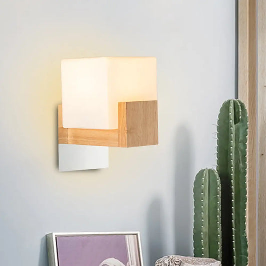 DecorBites™ DecorBites™ Modern Single Cube Bedside Wall Sconce Lamp with White Glass Shade and Wooden Backplate - Stylish Wall Lighting Fixture