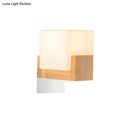 DecorBites™ DecorBites™ Modern Single Cube Bedside Wall Sconce Lamp with White Glass Shade and Wooden Backplate - Stylish Wall Lighting Fixture