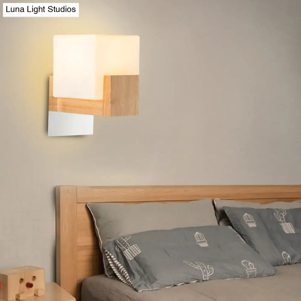 DecorBites™ DecorBites™ Modern Single Cube Bedside Wall Sconce Lamp with White Glass Shade and Wooden Backplate - Stylish Wall Lighting Fixture