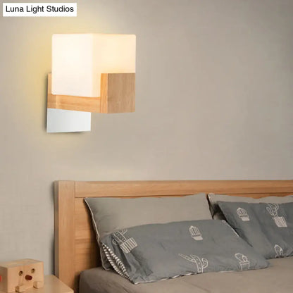 DecorBites™ DecorBites™ Modern Single Cube Bedside Wall Sconce Lamp with White Glass Shade and Wooden Backplate - Stylish Wall Lighting Fixture