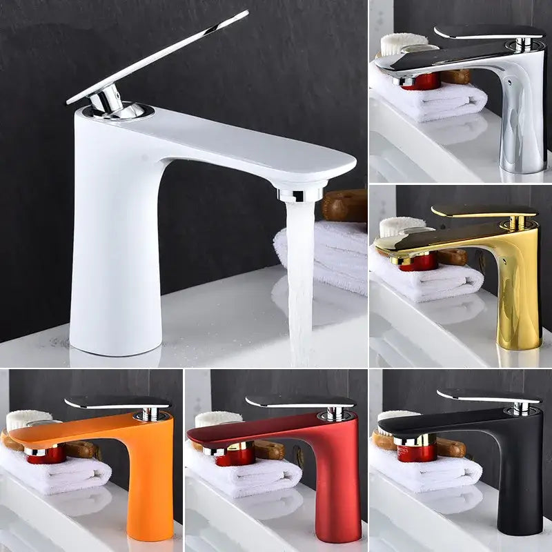 Modern single handle basin faucet with sleek curved spout in white chrome gold orange red or black finish by decorbites basin faucet