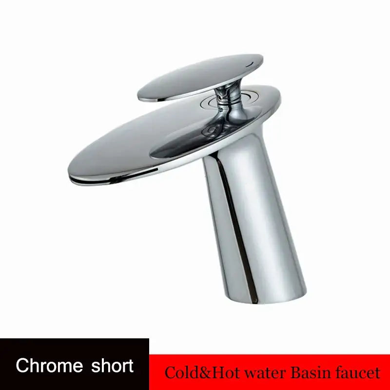 Modern sleek gold waterfall basin faucet with chrome finish and oval spout for elegant bathroom decor