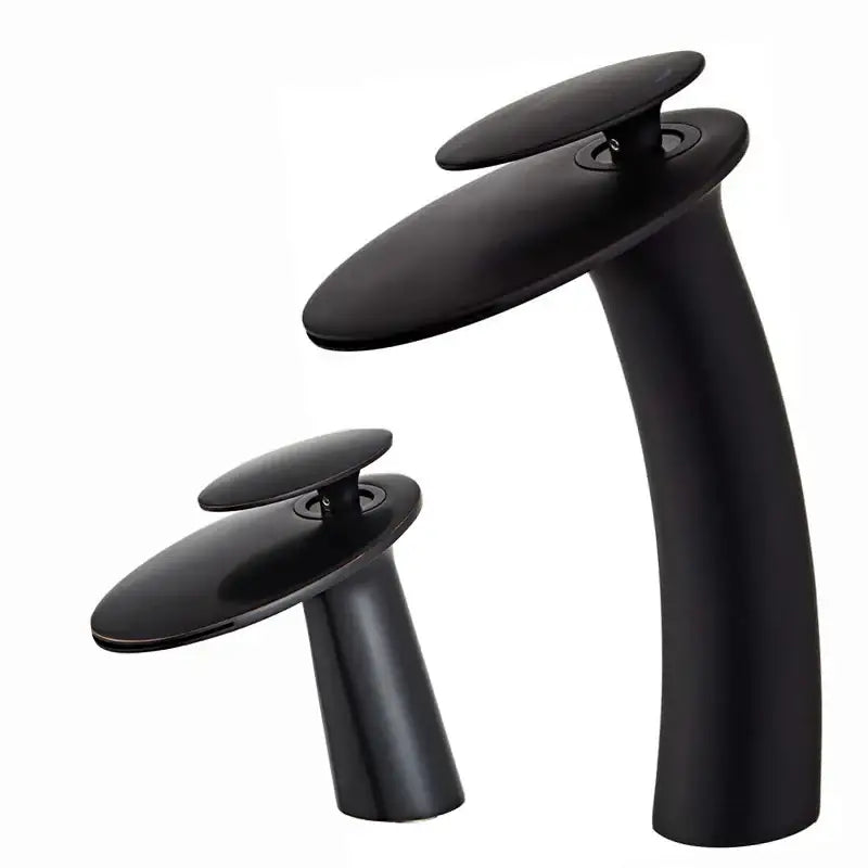 Modern matte black basin faucet with sleek curved design and dual handles ideal for waterfall basin faucet decor