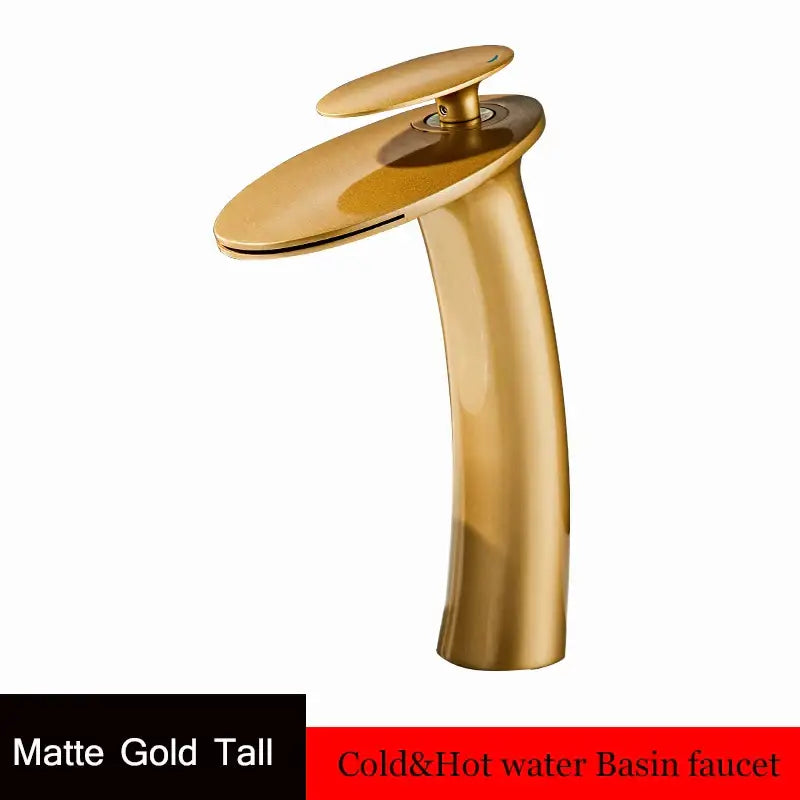 Matte gold waterfall basin faucet with sleek modern design and single handle for hot and cold water bathroom decor
