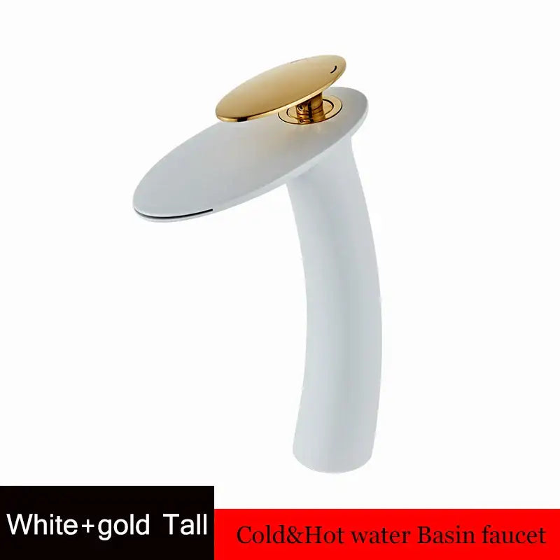 White and gold tall waterfall basin faucet with a sleek modern design for elegant bathroom decor