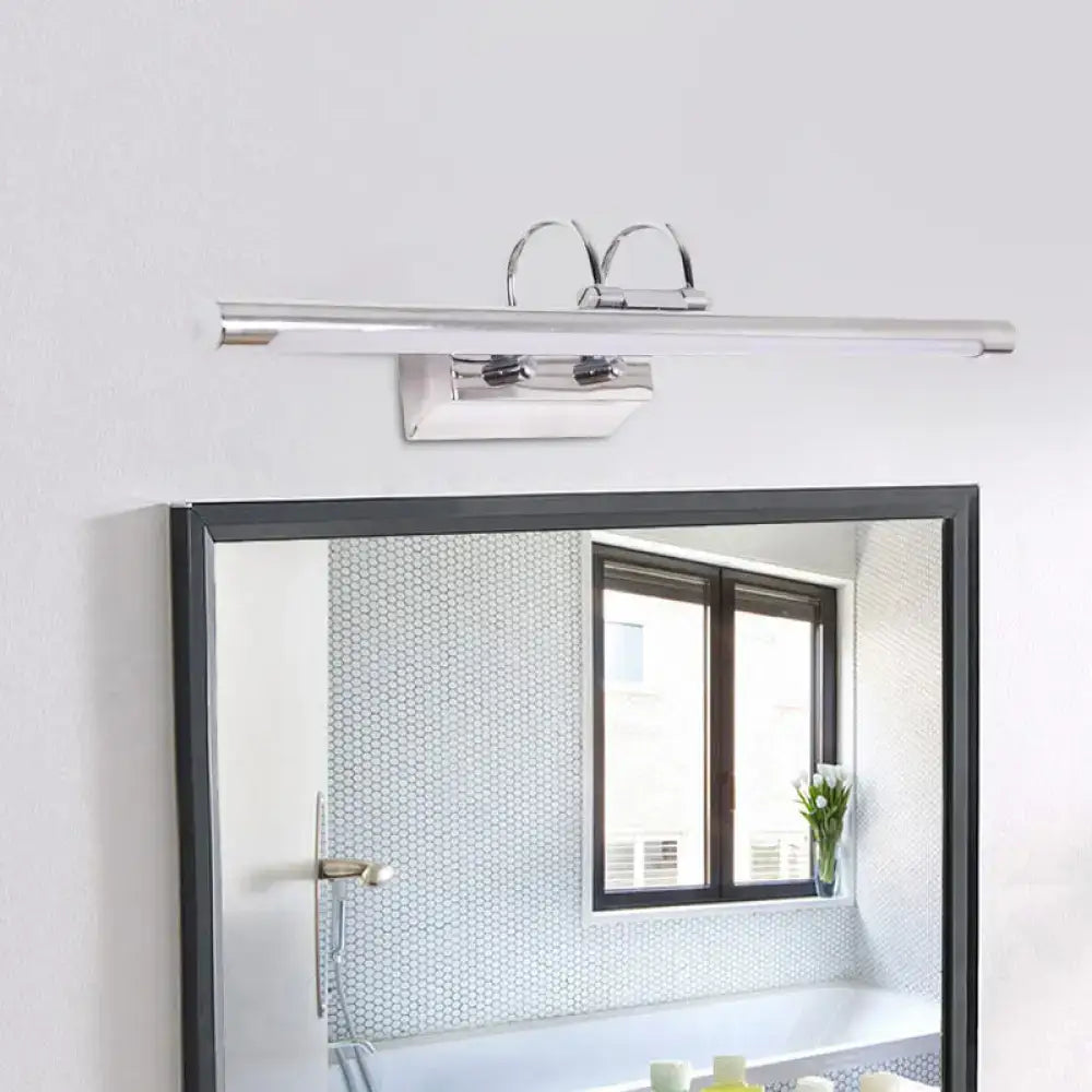 Modern slender chrome finished rectangular bathroom vanity wall lamp with sleek design and curved mounting arms for shower room