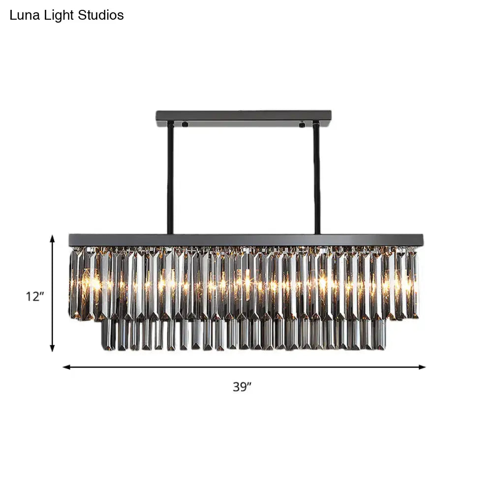 Black metal modern smoke gray crystal chandelier with cascading gray crystal block prisms for dining room light