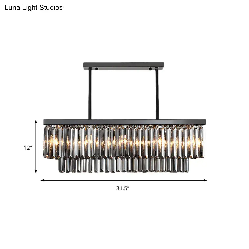 Modern smoke gray crystal rectangle chandelier with sleek black metal frame and cascading gray crystal blocks for dining room light