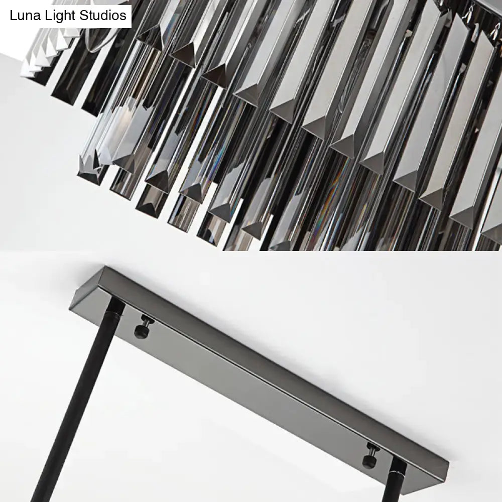 Modern smoke gray crystal rectangle chandelier with chrome finish and faceted smoke gray crystal prisms for dining room