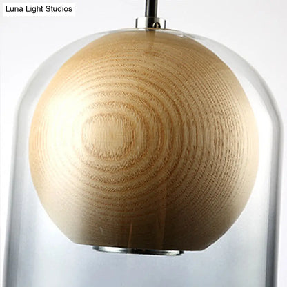 Modern Smoke Gray Glass Cylinder Pendant Light Fixture with Wood Globe Shade - Ideal for Dining Room