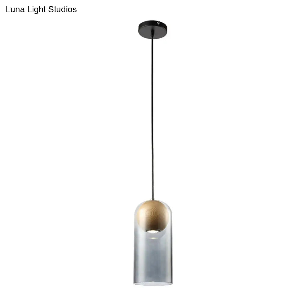 Modern Smoke Gray Glass Cylinder Pendant Light Fixture with Wood Globe Shade - Ideal for Dining Room