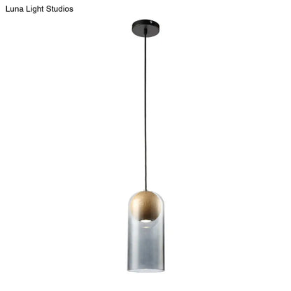 Modern Smoke Gray Glass Cylinder Pendant Light Fixture with Wood Globe Shade - Ideal for Dining Room