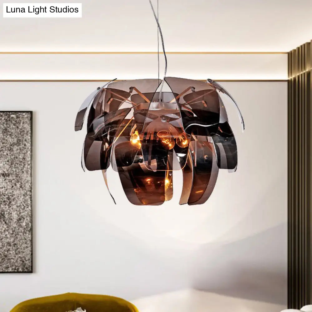 Lámpara colgante moderna de cristal gris humo con forma de flor para techo de sala de estar (4 bombillas)