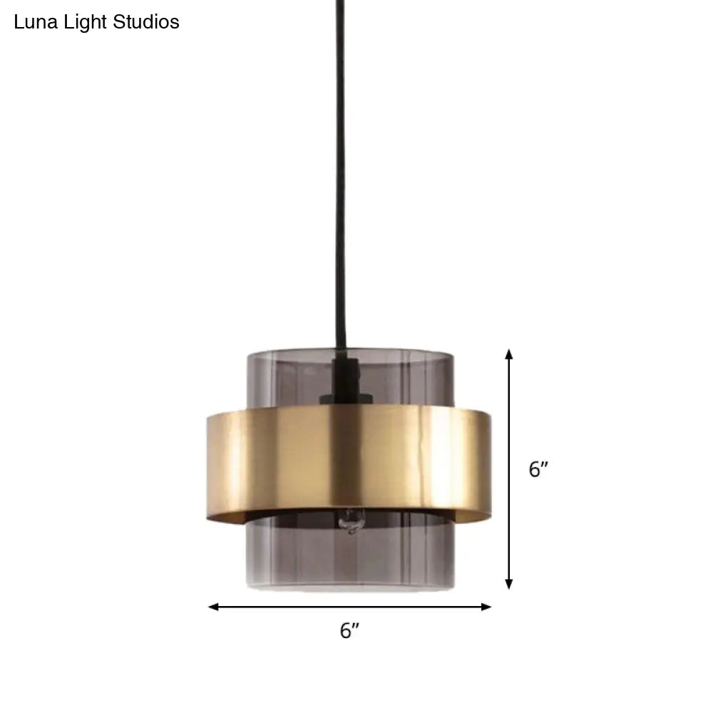 Modern Smoke Gray Glass Pendant Light with Gold Accent - Cylinder Design