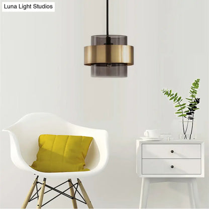 Modern Smoke Gray Glass Pendant Light with Gold Accent - Cylinder Design