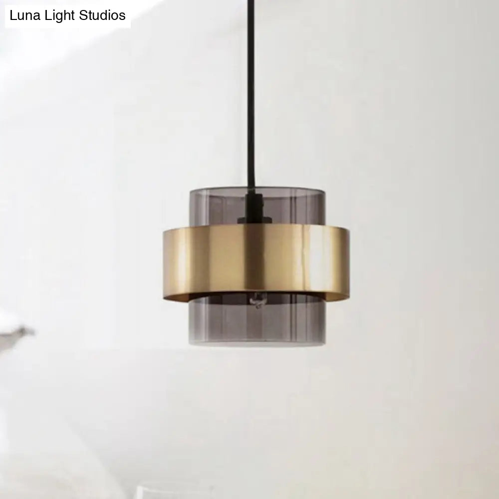 Modern Smoke Gray Glass Pendant Light with Gold Accent - Cylinder Design