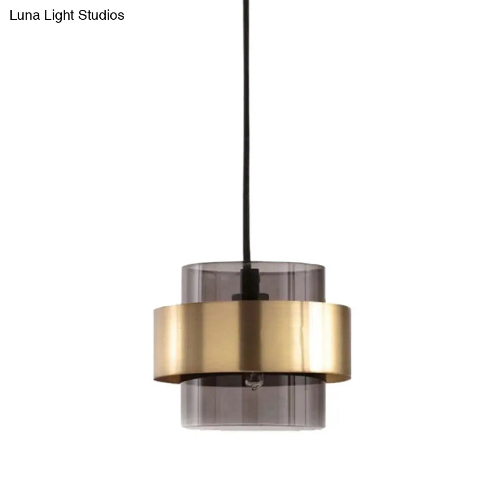 Modern Smoke Gray Glass Pendant Light with Gold Accent - Cylinder Design