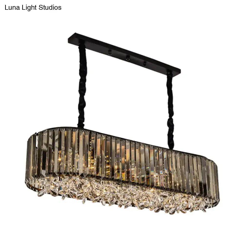 Elegant decorbites modern smoke gray crystal pendant light with black metal frame and amber vertical rods for dining room island