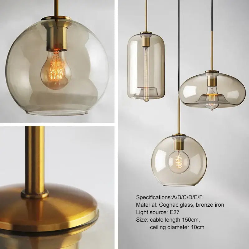 Modern smoked glass and brass pendant light with spherical cognac shade and bronze iron hardware for dining room set of 6